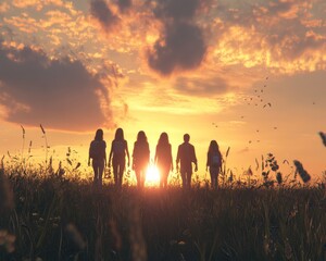 Silhouette of six young women walking towards a vibrant sunset in a grassy field, creating a serene and reflective mood.
