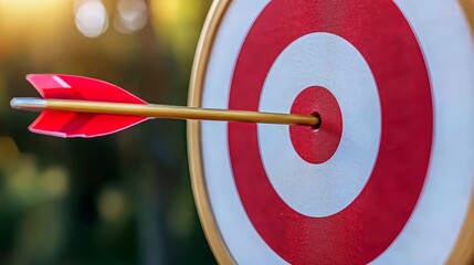 Digital marketing with search and SEO concept. Success through bullseye and target concept. Arrow hitting a target in an outdoor setting.