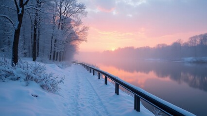 Serene Winter Sunrise, Snow-Covered Trees, Foggy River, and Handrail Path
