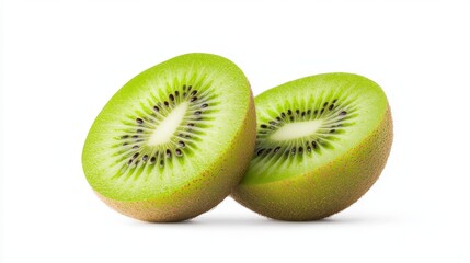 Fototapeta premium Fresh and Juicy Kiwi Fruit Halves Displaying Vibrant Green Flesh and Tiny Black Seeds on White Background Perfect for Healthy Eating and Nutrition Themes