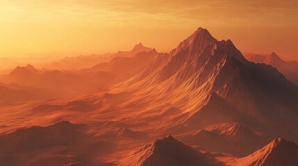 Naklejka premium Desert mountain range at sunrise, red and orange hues, dry and barren landscape 