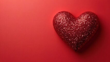 Red Glittery Heart Valentine's Day Card Design, Minimalist Flat Lay Top View with Copy Space