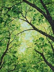 Fototapeta premium A vibrant forest canopy of green foliage and branches transforms sunlight into a dappled mosaic, providing a diverse habitat that showcases nature's intricate relationships.