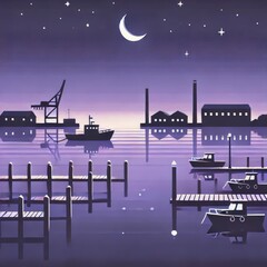 Night pier under purple sky