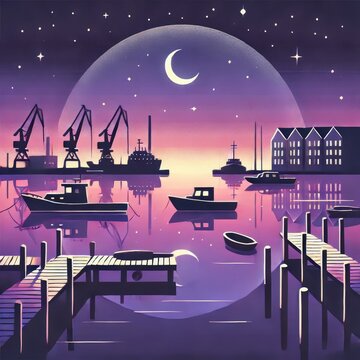 Night pier under purple sky