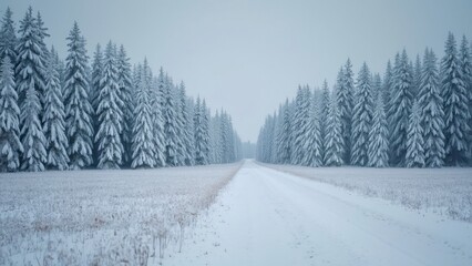 Obraz premium Serene Winter Wonderland, Snow-Covered Pine Forest Road
