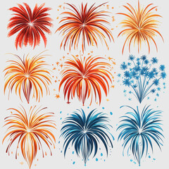 Vibrant Decorative Fireworks Illustration Set Featuring Colorful Explosions in Orange, Blue, and Red Shades for Celebrations and Festivals