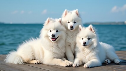Three Adorable Samoyed Puppies on a Wooden Dock by the Sea, Fluffy White Dogs, Ocean Background, High-Definition Pet Photo