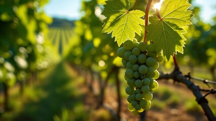 Fototapeta premium Sunlit Vineyard, Macro Shot of Green Grapes & Leaves, Luxurious Wine Production
