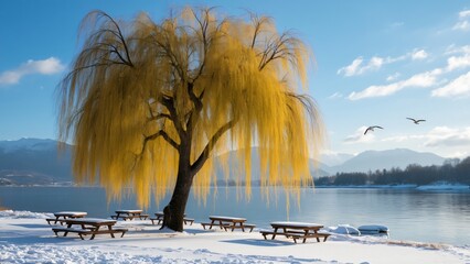 Majestic Weeping Willow Tree in Snowy Lakeside Setting with Picnic Tables, Mountains, and Blue Sky
