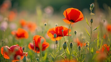 Obraz premium Vibrant Red Poppies in a Summer Field, Close-up Photography of Blooming Flowers