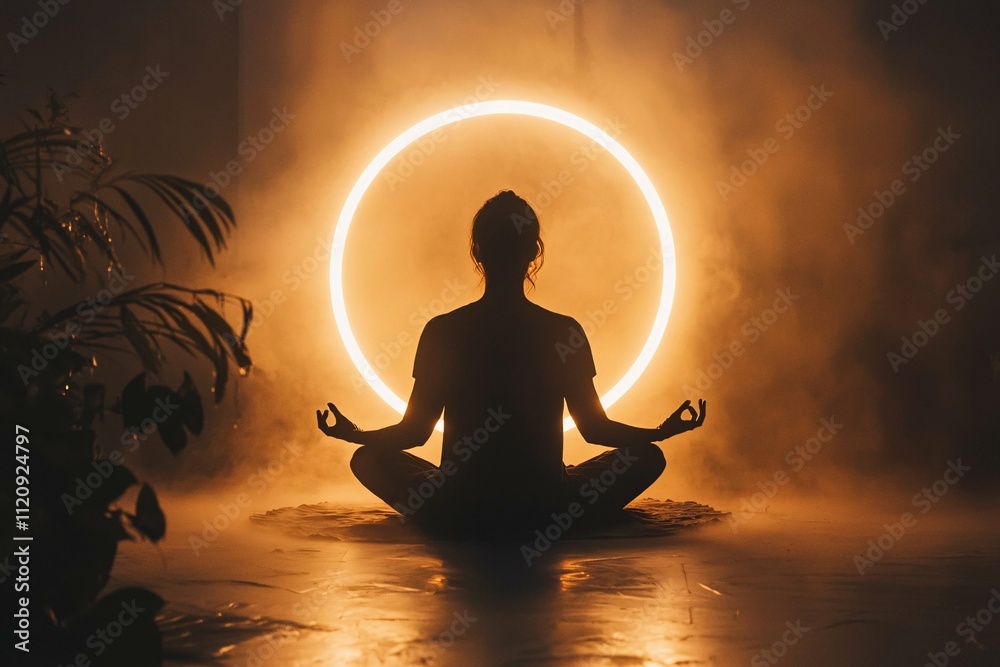 Aufkleber a serene silhouette of a person meditating is enveloped in a luminous halo, illuminated by soft, dif