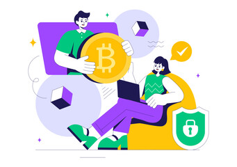 Blockchain Vector Illustration featuring a Tech Architect working at a Computer with Crypto Community Management, and Cube Blocks in the Background