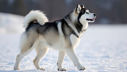 Fototapeta premium Majestic Alaskan Malamute Dog Walking in Snowy Landscape, Breathtaking Winter Scene