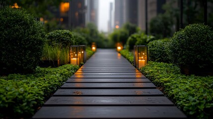 Obraz premium Tranquil pathway with candles, leading to city.