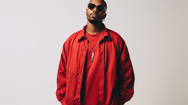 An African American man wearing a red  oversized shirt, showcasing a relaxed and stylish streetwear look.

