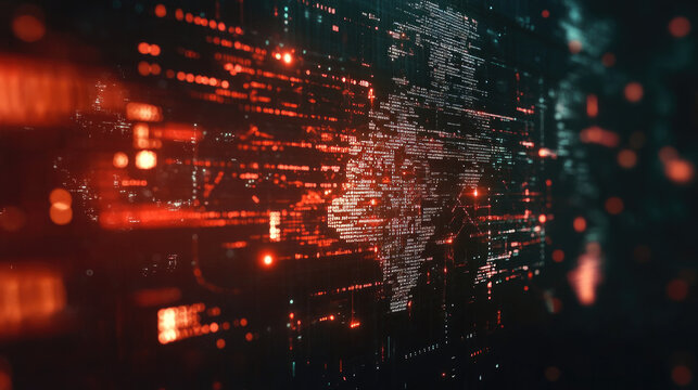 A digital world map with an overlay of binary code and dynamic lines connecting regions, representing global technology 