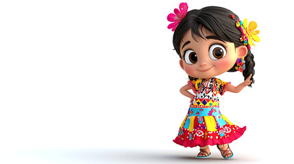 A cartoon girl in a colorful dress is posing for a picture