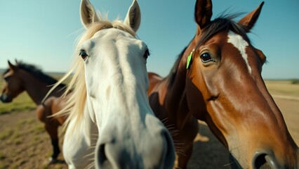 Obraz premium Close-up Cinematic Shot of Two Horses in Texas Field, White and Brown Horses, Green Tag, Content Together