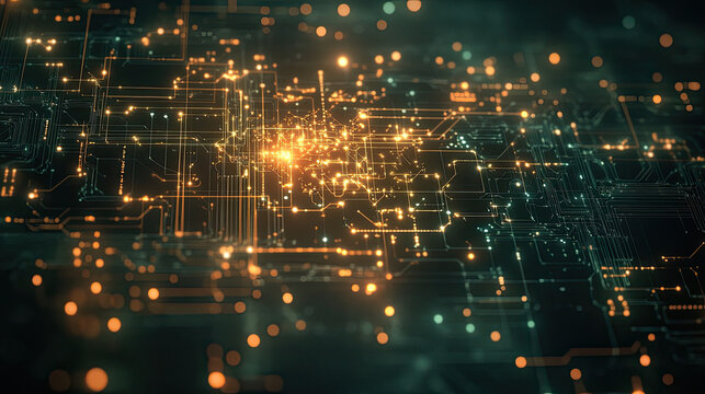 A futuristic world map overlay on a dark gradient background, with luminous nodes and circuit-like patterns symbolizing global connectivity 