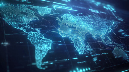 A glowing digital world map with a blue neon grid background, featuring connecting lines and data points representing global networks 