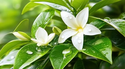 Obraz premium A close-up of white flowers with droplets on green leaves, showcasing natural beauty.