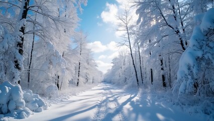 Obraz premium Serene Winter Path, Snow-Covered Forest Trail in Bright Sunlight