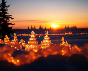 Fototapeta premium Frozen sculptures illuminated by sunset in a winter landscape.