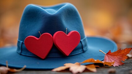 Fototapeta premium Romantic Autumn Scene, Blue Hat Adorned with Two Red Hearts, Nestled Among Fallen Leaves