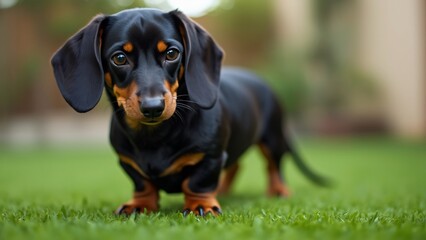 Adorable Black and Tan Dachshund on Artificial Grass - Professional Pet Photography