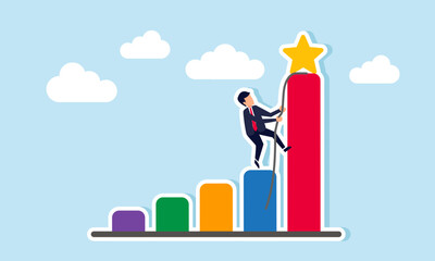 A businessman climbs the highest graph using a rope aiming to reach the star, illustration of efforts to improve business rating and quality