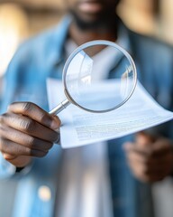 Fototapeta premium A person holding a magnifying glass over a document, suggesting examination or analysis.