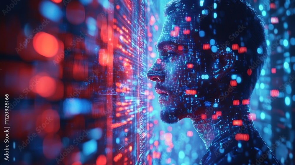 Aufkleber cybersecurity threat analysis portrait of it specialist in digital data streams with cyberpunk influ