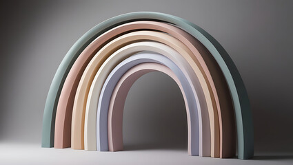 Fototapeta premium An abstract rainbow composed of layered arches with muted pastel tones, with each arch slightly uneven to convey a hand-drawn feel.