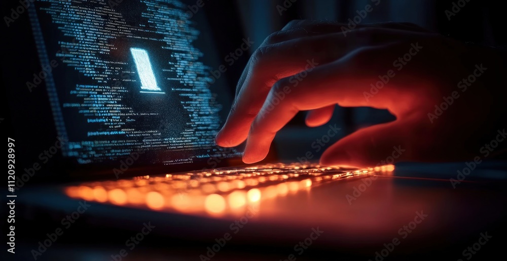 Aufkleber cyber security alert on laptop system hacked warning cyber attack malware spyware virus online fraud