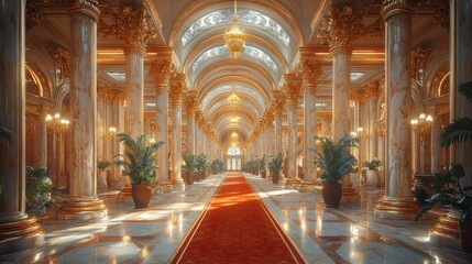 Obraz premium Elegant hallway with marble columns and red carpet 