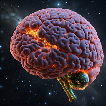 Celestial Mind": A hyper-realistic depiction of a luminous brain at the heart of an expansive cosmic scene, surrounded by swirling nebulae and distant galaxies. Studio lighting with a cool, blue tint