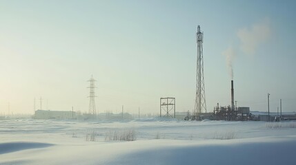 Fototapeta premium Industrial site in a snowy landscape with smoke and power lines.