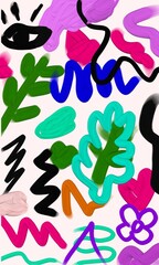 A playful and vibrant abstract illustration with colorful shapes, lines, and doodles.