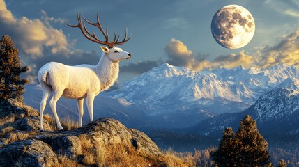A majestic white deer with perfect antlers, on the mountain and the beautiful view of the full moon at night