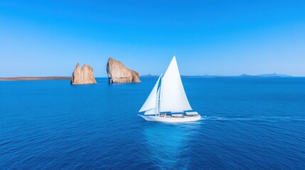 A sailboat navigates tranquil blue waters near rocky formations.
