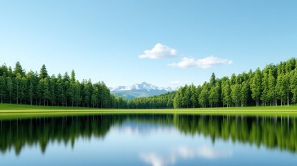 Serene landscape with trees, mountains, and a calm reflective lake.