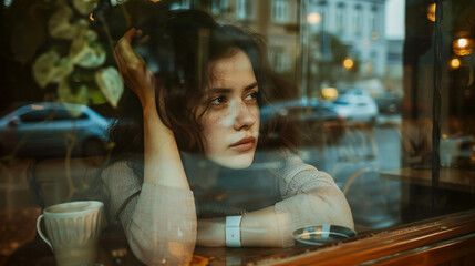 Thoughtful woman gazing through a window while sitting at a caf�.