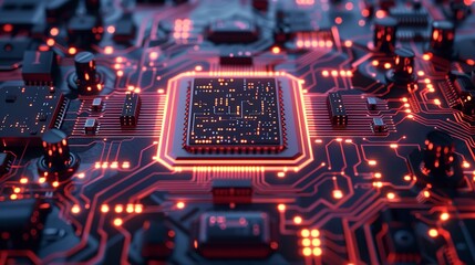 Obraz premium Complex electronic circuit board with glowing orange lights, representing the power of technology and innovation.