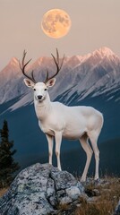 Fototapeta premium A majestic white deer with perfect antlers, on the mountain and the beautiful view of the full moon at night