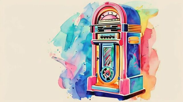 A colorful vintage jukebox with a vibrant watercolor background.