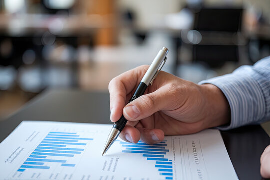 Hand holding a pen over bar charts and statistical data