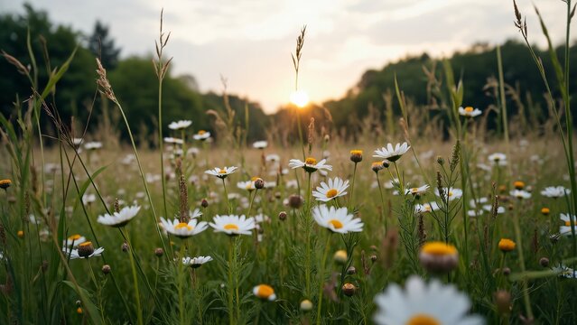Vast Wildflower Meadow at Sunset, Daisies, Grasses, and Tall Blades Swaying in the Breeze - Powered by Adobe