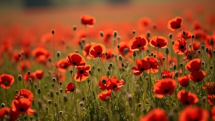 Obraz premium WWI Remembrance, A Sea of Red Poppies in Full Bloom, Macro Photography of Hope and Remembrance