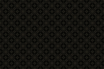 Abstract geometric seamless pattern with Thai style flower outline in gray brown n gold on black background. Vector illustration for masculine male shirt lady dress textile cover wallpaper decoration 